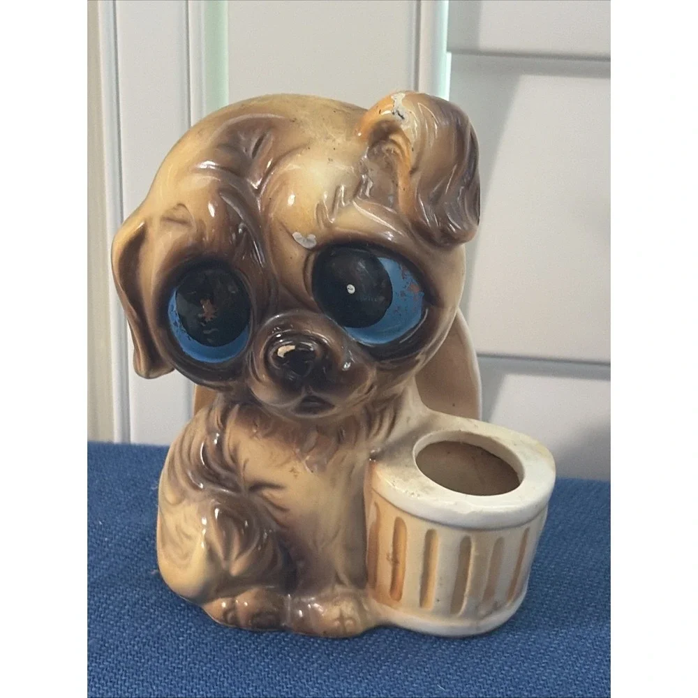Vtg Big Eye Pity Puppy Dog Letter Holder Desk Acc. Made in Japan Ceramic 1960s